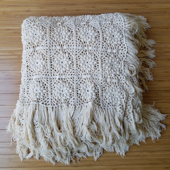 Handmade Other - Handmade Boho Fringed Ivory Crochet Coverlet Handmade Other - Handmade Boho Fringed Ivory Crochet Coverlet